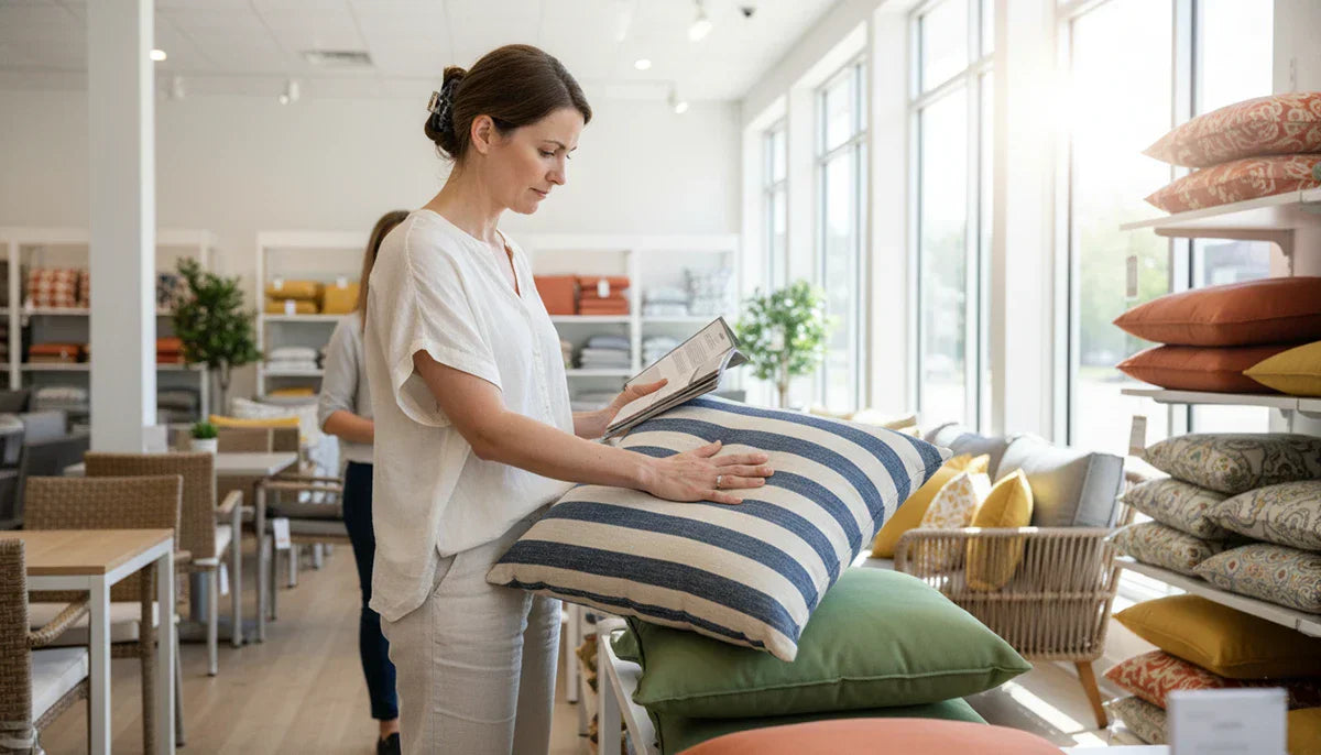 Woman comparing different patio cushion options while shopping for outdoor furniture