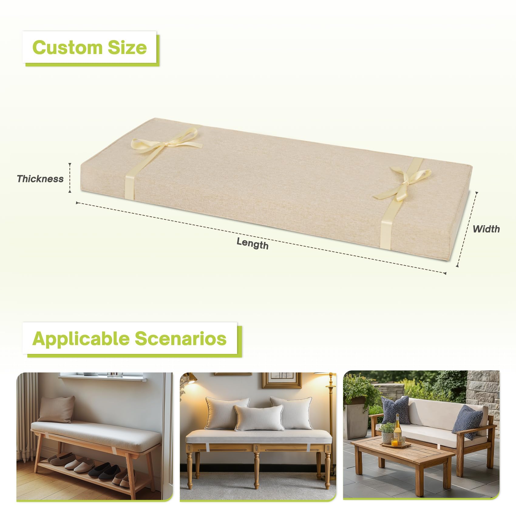 In-Stock Bench Cushion with Ties and Zipper for Indoor & Outdoor Living