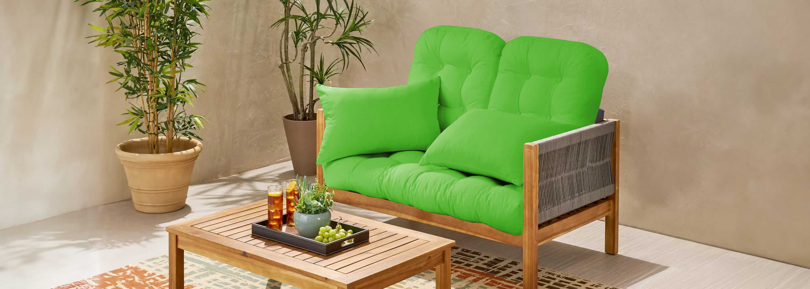 Bright green Patio Wicker Loveseat Cushion Sets are used on the living room sofa  | Rulaer cushion