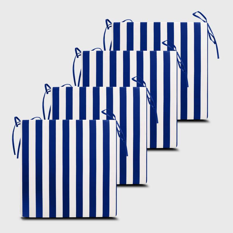 Four Outdoor Chair Cushion Pads With Ties with wide blue stripes | Rulaer