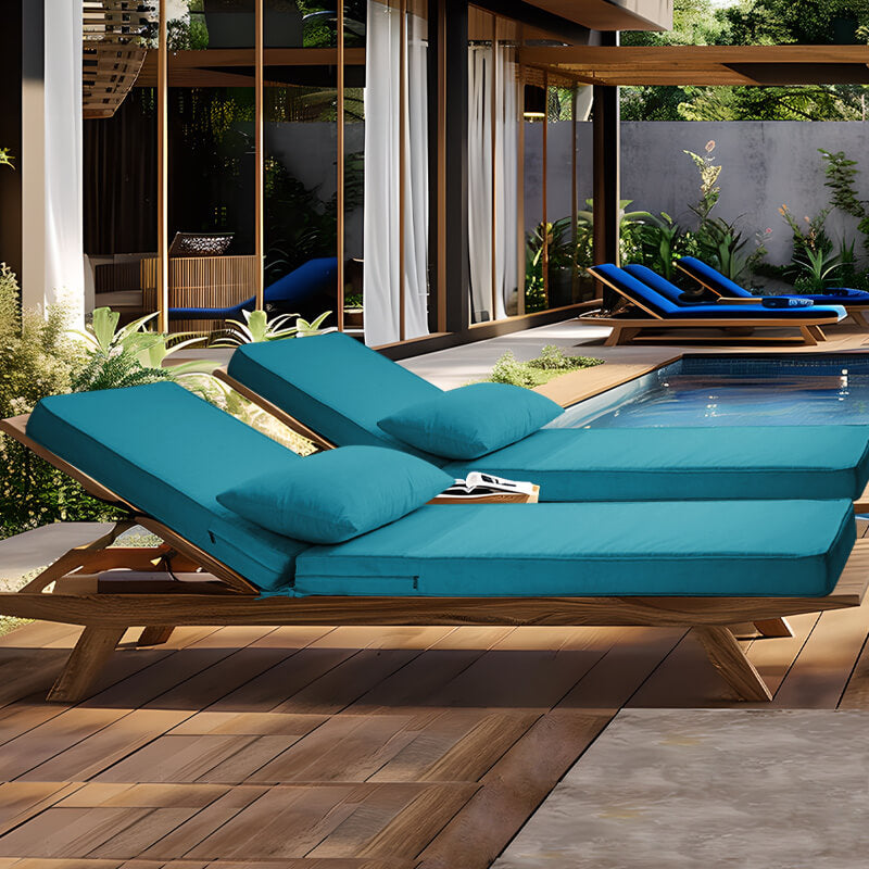 Outdoor Waterproof Chaise Lounge chair with Light blue Cushion on the backyard in the hotel | Rulaer cushion