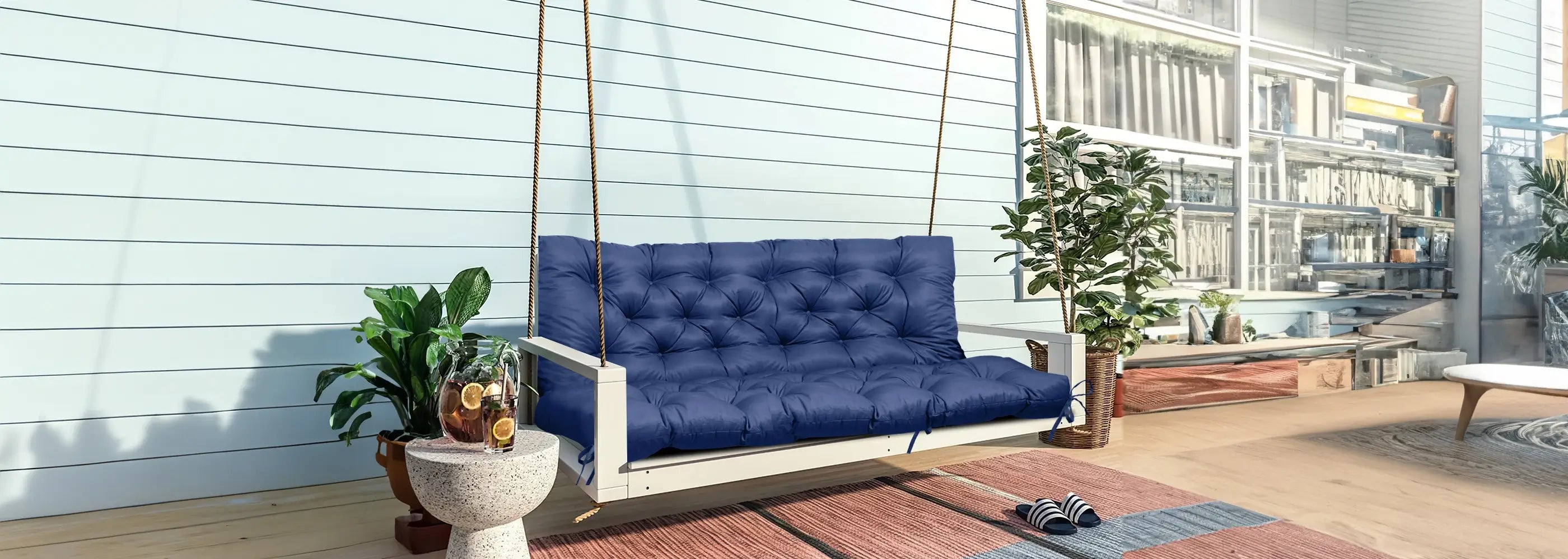 The Garden Tufted Swing Cushion is commonly found in resorts or vacation rentals that offer garden swings or hanging chairs. | Rulaercushion