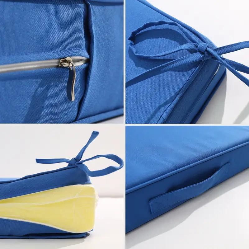 The details of Blue color Garden Waterproof Bench Cushion. This cushion is equipped with zipper, ties and handrial, very suitable for outdoor or indoor bench | Rulaercushion