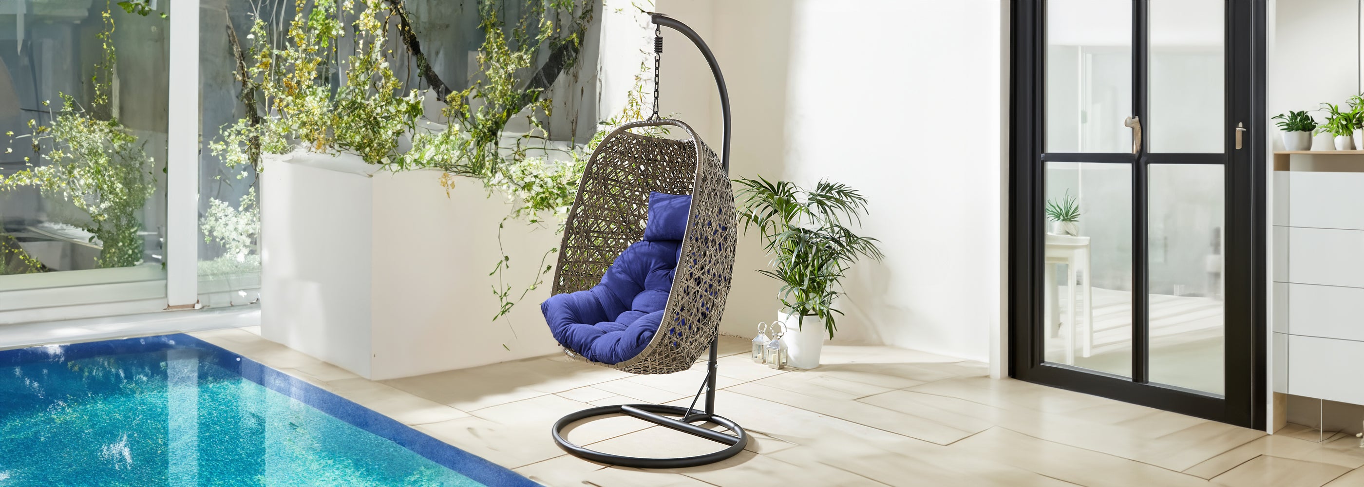 Tufted Swing Hanging Egg Chair Cushions are often used near swimming pools, providing a comfortable and stylish seating option for sunbathing or taking a break from swimming. | Rulaercushion