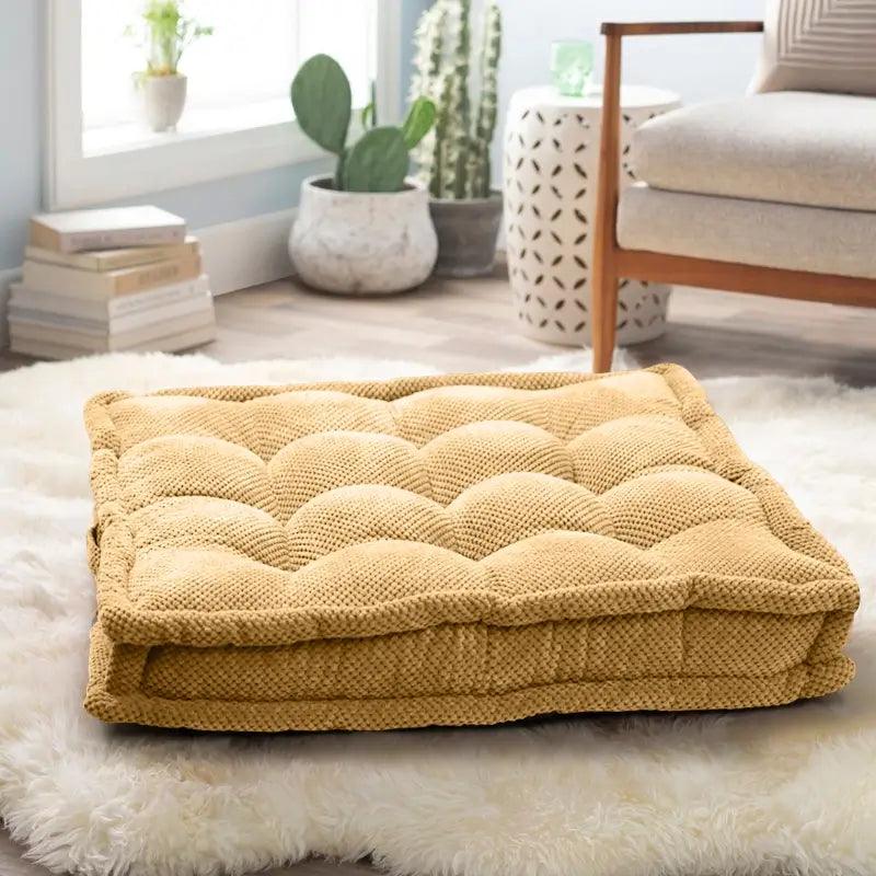 Yellow Square Meditation Floor Pillow for Yoga could be placed on the living room carpet or any place you want to relax on | Rulaercushion